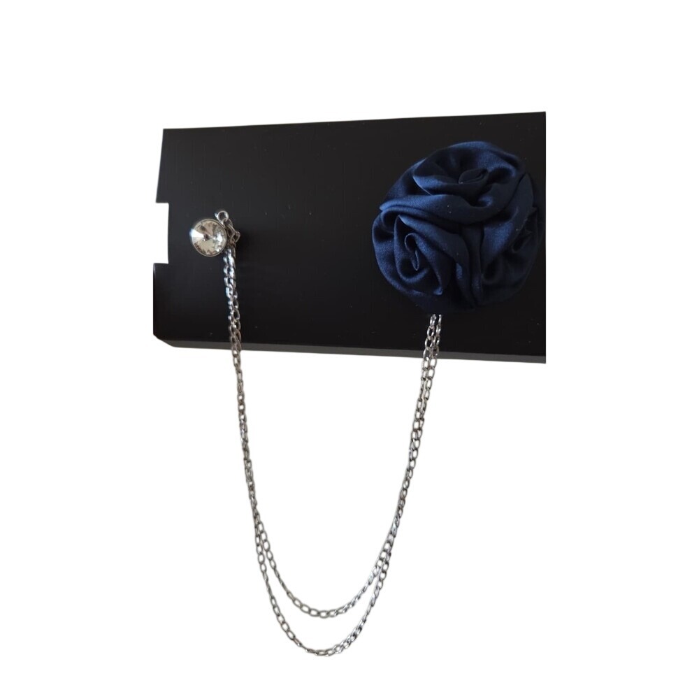 Navy Blue Satin Rosette Lapel Pin with Silver Tone Chain and Rhinestone Accent